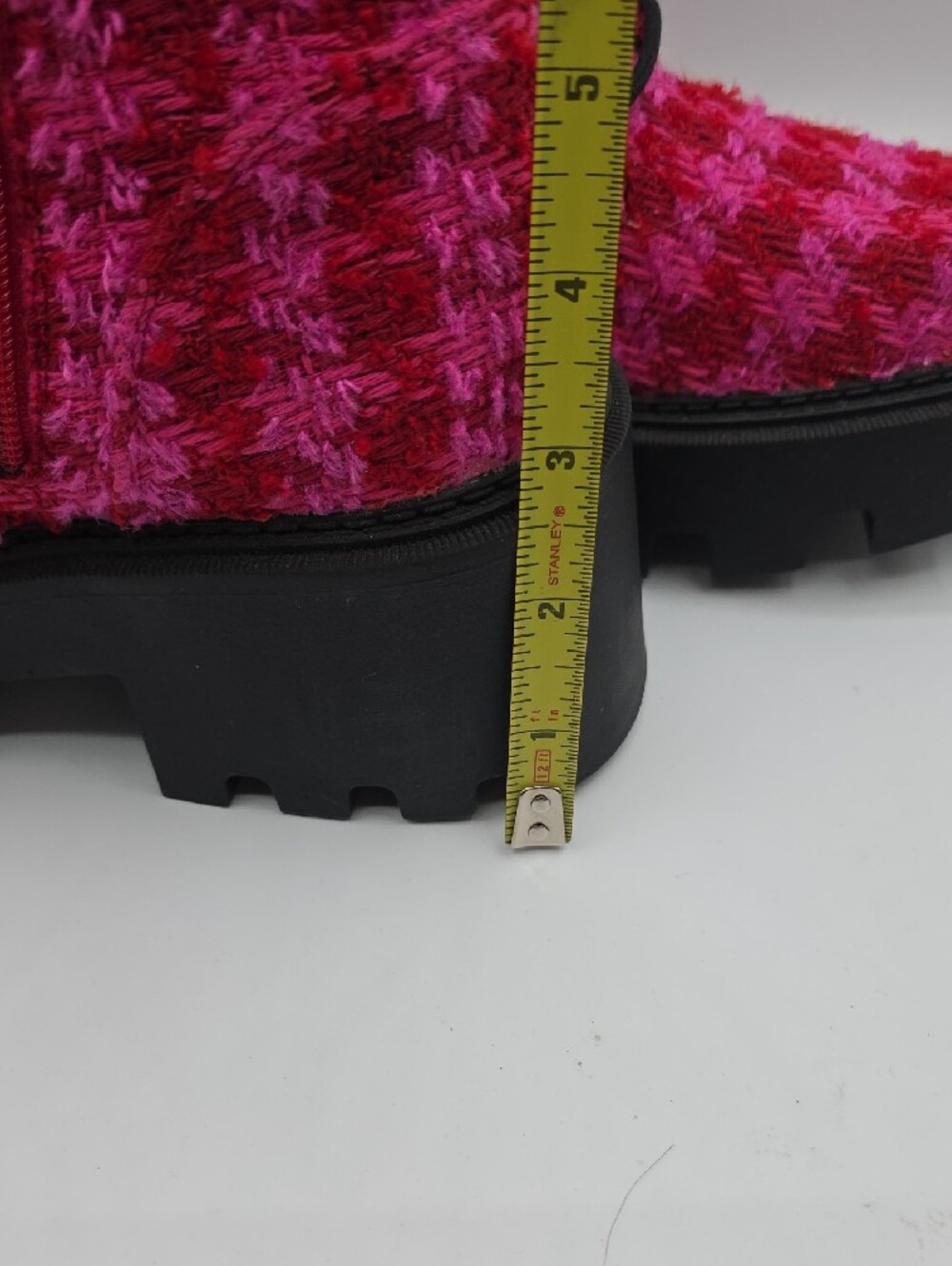 Betsey Johnson Jonnie Hot Pink & Red Tweed Lace-Up Combat Boots w/Pearl Accent - Picture 8 of 15